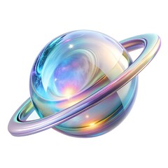 Iridescent planet with a ring, reflecting nebula and galaxy colors, on a white background