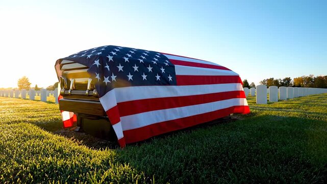 Serene image of a casket covered in an American flag in a tranquil military cemetery at dawn. Paying tribute to a fallen hero at their final resting place