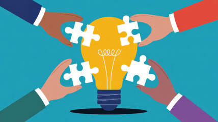 Multiple hands assembling puzzle pieces around glowing light bulb, symbolizing teamwork, collaboration, creativity, and problem solving in diverse group setting