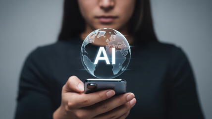 Woman holding smartphone with digital globe and AI text, futuristic technology concept, artificial intelligence innovation, modern communication, global connection, confident expression
