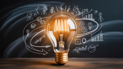 Glowing light bulb creativity innovation idea business strategy chalkboard drawing concept inspiration planning teamwork success