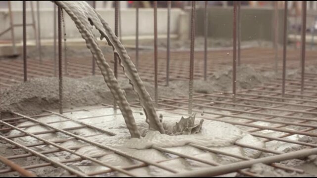 Concrete Pouring Over Rebar Mesh | Reinforced Foundation Slab Construction Close-Up