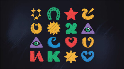 A set of 16 colorful chalk-style icons arranged in a 4x4 grid against a black background.  (3)_traced