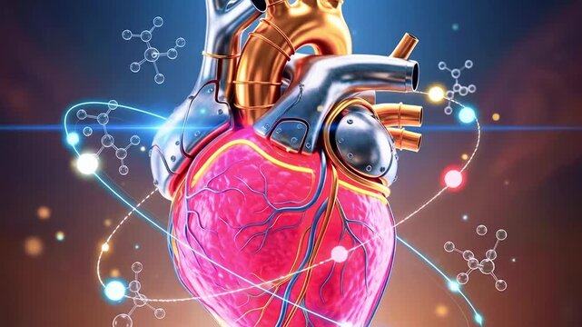 A vibrant 3D illustration of a human heart surrounded by molecular structures and glowing particles
