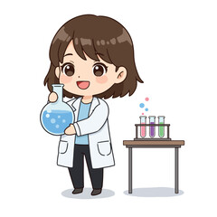 Adorable Cartoon Female Scientist with Laboratory Equipment.