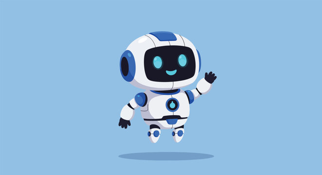 Adorable futuristic robot character waving hello.