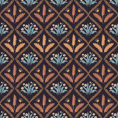  Autumn seamless damask pattern with floral design, elegant wallpaper with flowers and plants in frames