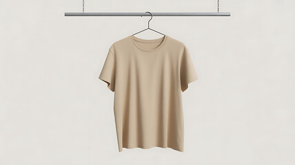 Trendy terracotta t-shirt hanging on wooden hanger for apparel mockup