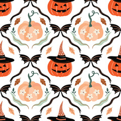 Halloween seamless pattern with pumpkins and bat bows retro style wallpaper, decorative background with frames
