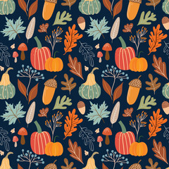 Autumn seamless pattern with seasonal elements, pumpkins, acorns, mushrooms and plants, vintage wallpaper, coquette background
