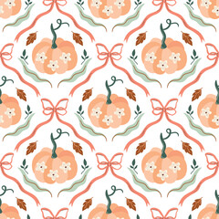 Autumn seamless pattern with decorative pumpkins and bows in frames, charming wallpaper, seasonal background