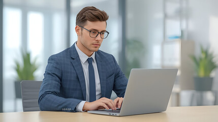 3D vector marketing manager with laptop isolated for business strategy digital planning and office design