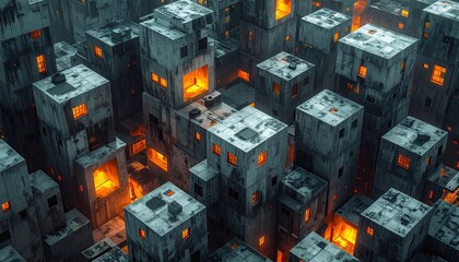 A sprawling, dystopian cityscape of weathered concrete cubes, some ablaze with internal orange light, viewed from a high angle