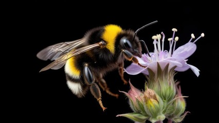 Bumblebee pollinating purple flower against black background