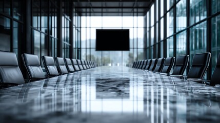 A strikingly symmetrical conference room rendered in cool gray tones evokes a sense of sterile formality and quiet anticipation, emphasizing the power dynamics within corporate settings.