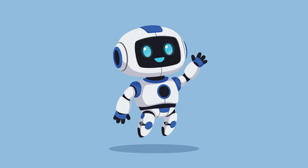 Cute futuristic robot character waving hello Friendly AI chatbot mascot illustration. © NFS Studio