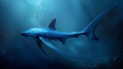 Obraz premium Magnificent Thresher Shark, Underwater Predator in a Deep Ocean Scene, Artistic Rendering