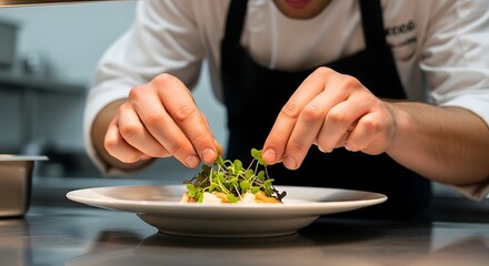 Culinary artist at work, skillfully garnishing a sophisticated meal with fresh sprouts for a fine dining experience