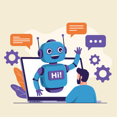 Friendly AI Chatbot Assisting a User on a Laptop.
