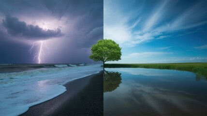 Dual Nature's Embrace: Witness the contrast of a tempestuous storm and tranquil serenity, divided yet connected, highlighting nature's diverse and powerful embrace.