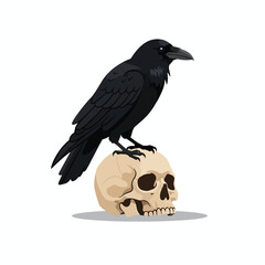 Gothic black raven perched on a human skull