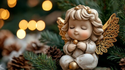 Serene Angelic Figurine Surrounded by Pine Branches and Warm Christmas Lights