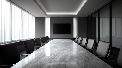 A long conference table with sleek black chairs dominates a modern, minimalist room bathed in soft, diffused light, evoking a sense of quiet anticipation and professional formality.