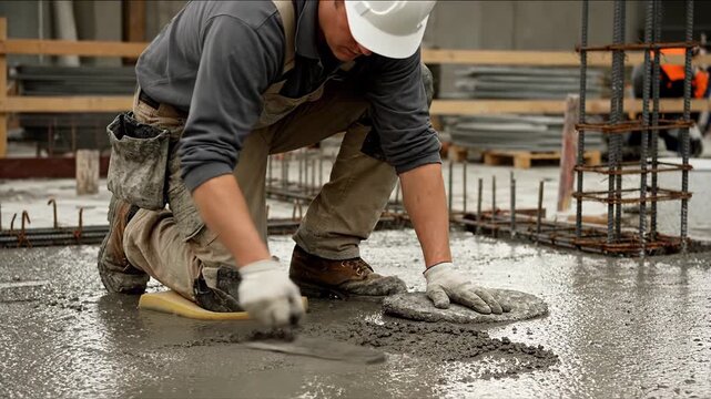 Experienced construction worker crouching down while skillfully using a trowel to hand level and finish the surface of freshly poured concrete for a building foundation