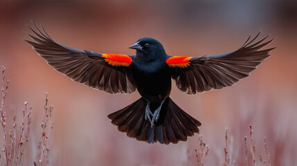 Fototapeta premium Majestic Red Winged Blackbird in Flight, Displaying Vibrant Plumage Against Soft Backdrop