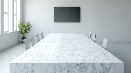 A minimalist conference room features a long, striking marble table dominating the space, conveying a sense of modern sophistication and quiet productivity, illuminated by natural light.