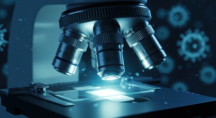 Scientific Microscope with Illuminated Slide, Examining Microscopic Organisms in a Laboratory Setting