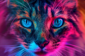 Colorful big cat face in different colors and art like a picture. Neural network ai generated