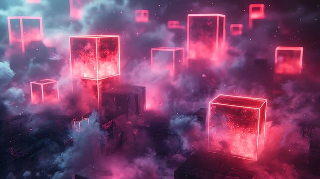 Abstract Glowing Red Cubes Floating in Ethereal Mist and Clouds