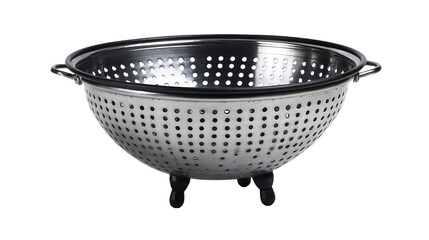 Modern stainless steel colander with elegant black accents on transparent background