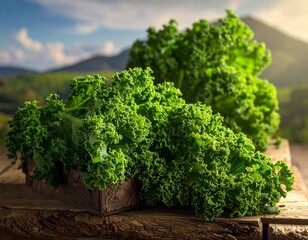 Fresh kale bunches in a rustic wooden crate against a backdrop of mountains