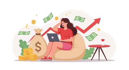 Successful woman freelancer earning money online with laptop.