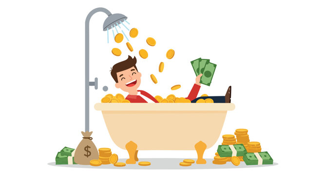 Successful Businessman Bathing in a Tub of Money.