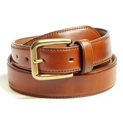 A stylish tan leather belt with a polished gold buckle, presented in a studio shot, isolated on white background