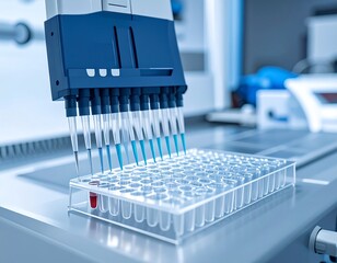 Automated laboratory equipment dispensing liquid samples into a microplate