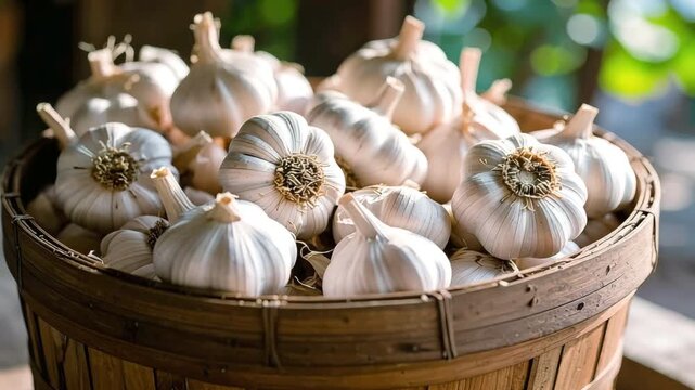 Garlic Harvest: Freshly harvested garlic bulbs fill a rustic basket, offering a close-up view of the texture and form of this culinary staple.
