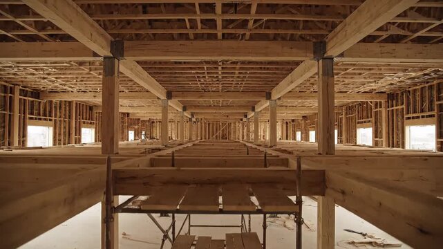 Interior view of a spacious wooden house in the process of being built, showcasing the framework of beams, columns, and joists in the incomplete structure