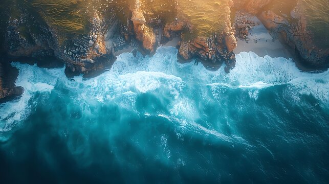 Aerial View of Rugged Coastline With Crashing Ocean Waves