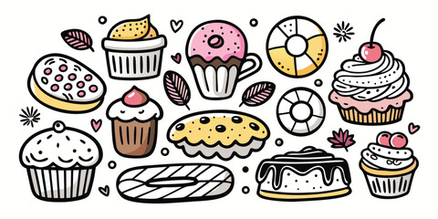 Whimsical baking essentials collection various pastries doughnuts cakes pies and cupcakes hand drawn style