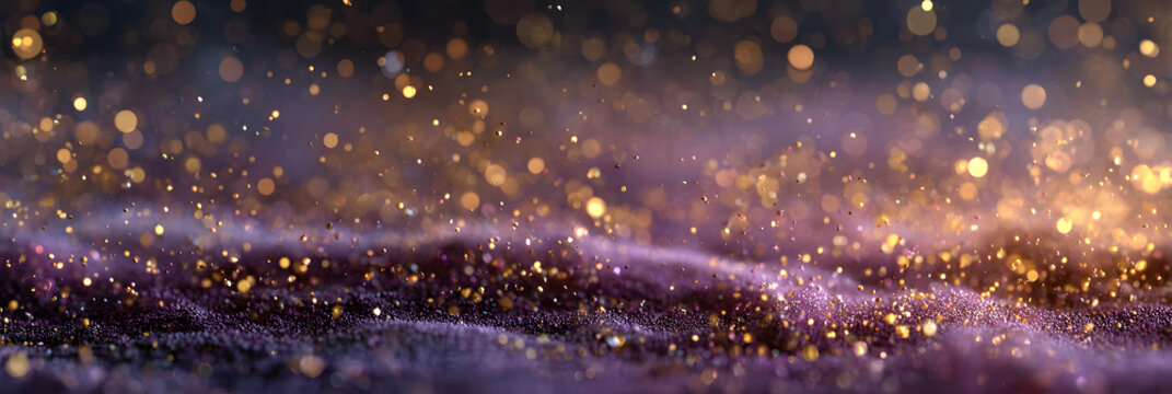 abstract background with purple and gold particle. Golden light shine particles bokeh on purple background.