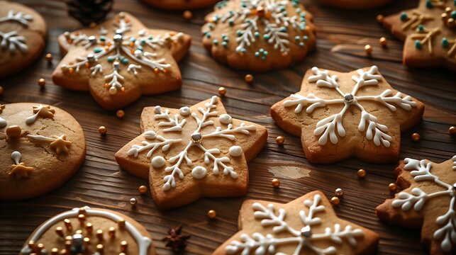 Deliciously Decorated Star Shaped Christmas Cookies on Wooden Table