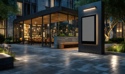 generic outdoor night shot of luxury resort or hotel like reception and fine dining restaurant with blank empty signboard mockup - Generative AI