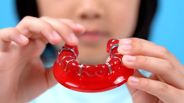Young girl holding a removable orthodontic appliance for teeth alignment. Close up on the red retainer for correcting malocclusion