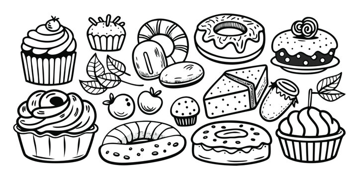 Whimsical sketch collection of baking essentials delicious desserts and sweet treats assortment