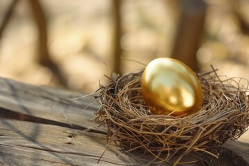 Golden egg in nest on wooden surface. Neural network AI generated