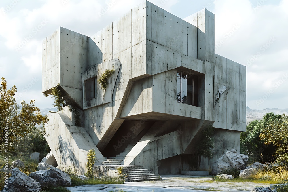 Poster surreal brutalist architecture featuring sharp angles, narrow windows, and towering concrete forms